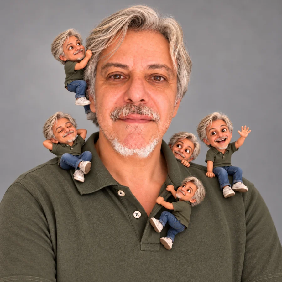 Christoph Giesinger mit kleinen Christoph-Figuren als Motiv für das Kreativklinik-Schiebepuzzle