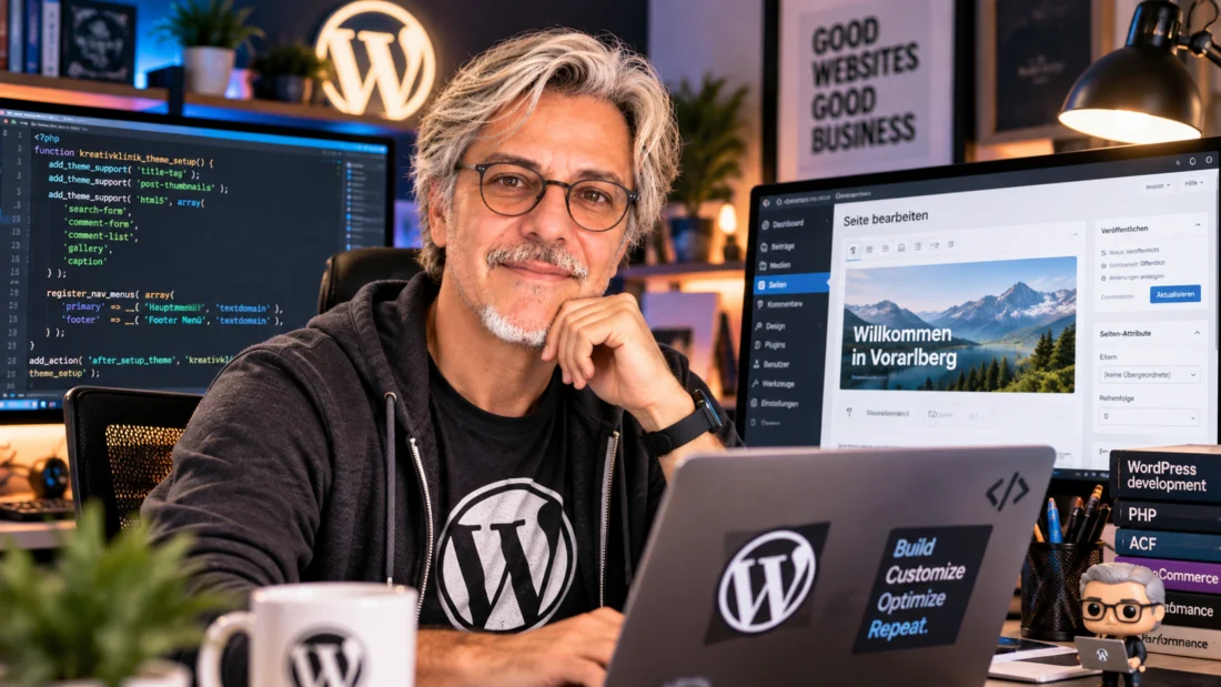 Christoph Giesinger bei der WordPress-Entwicklung – KI-generiert und optimiert auf Basis eines Originalfotos