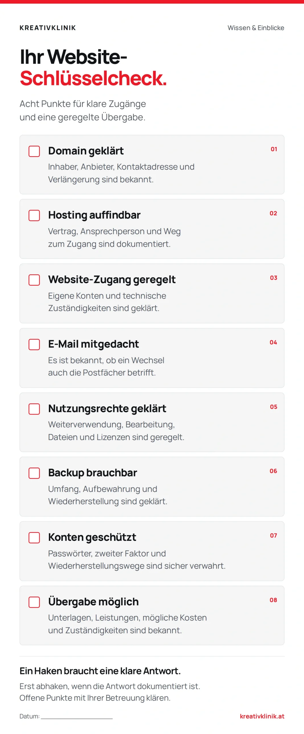 Website-Schlüsselcheck mit acht Punkten: Domain, Hosting, Website-Zugang, E-Mail, Nutzungsrechte, Backup, Kontenschutz und Übergabe. Ausführlicher Text direkt unter der Grafik.