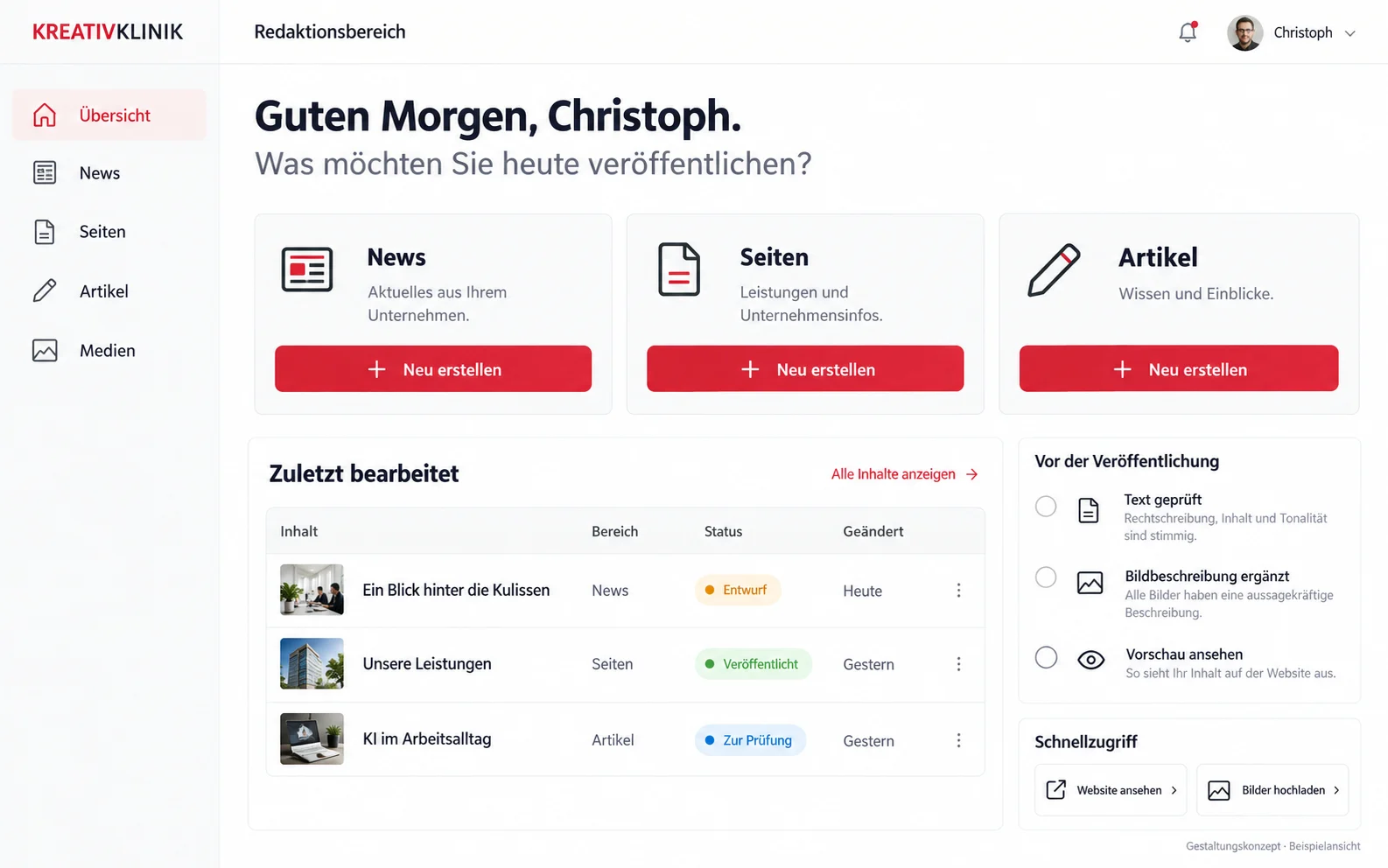 Gestaltungskonzept eines individuellen WordPress-Redaktionsdashboards mit Übersicht für News, Seiten und Artikel